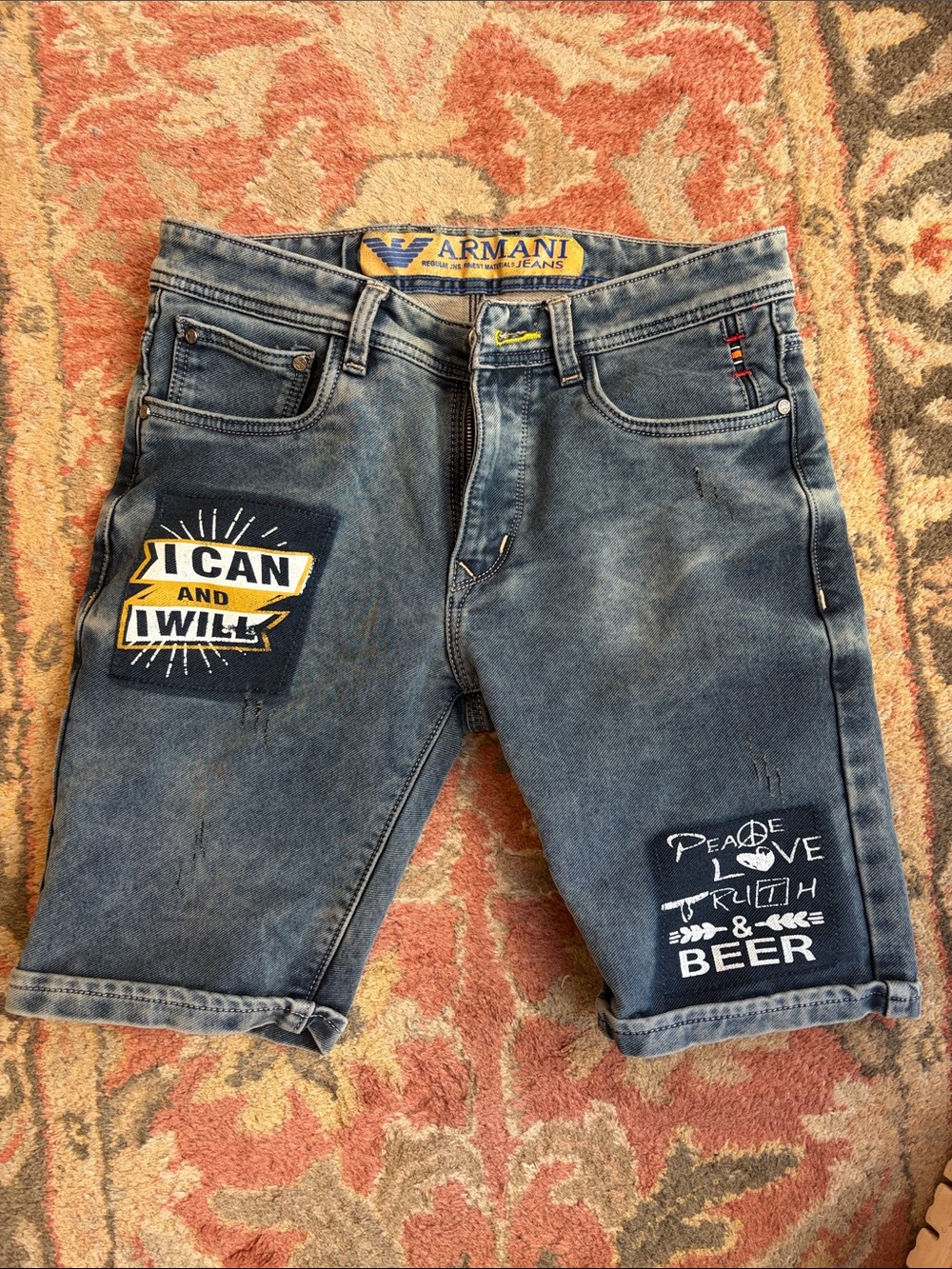 Armani Exchange Distressed Blue Denim Patch Shorts with Graphic Patches